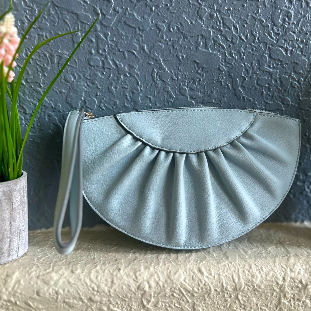 Lovely Sky Blue Crescent Shape Pleated Wristlet Clutch Wallet Leather